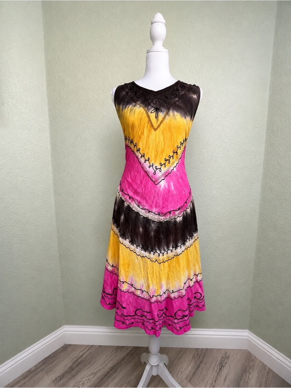 Vibrant Pink & Yellow Tie-Dye Boho Midi Dress with Black Accents Free size